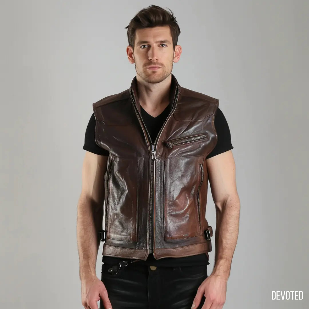 Men's Leather Jacket Pure Leather Sleeveless in Brown Vest by