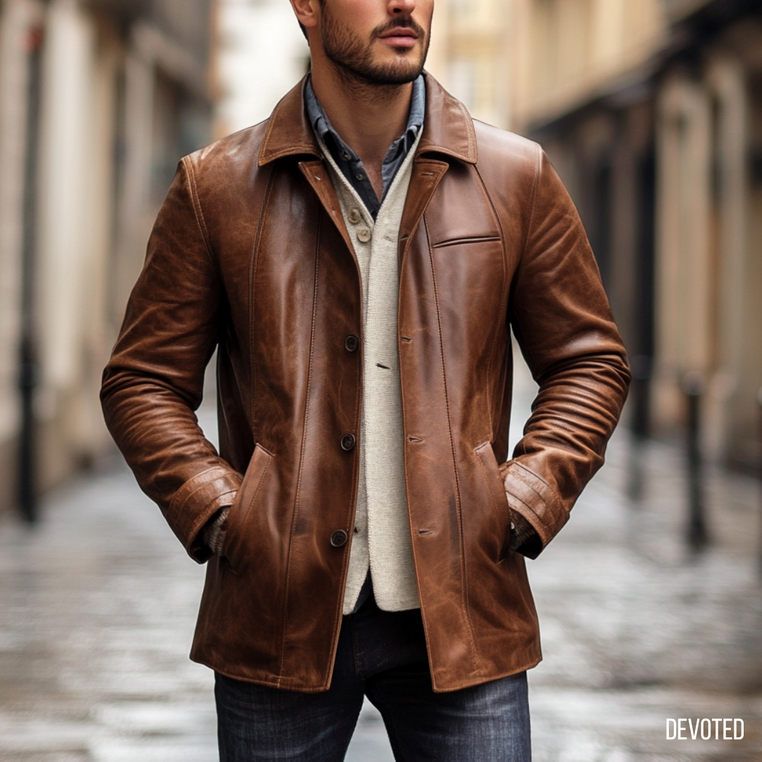 Mens leather top coat hot sale