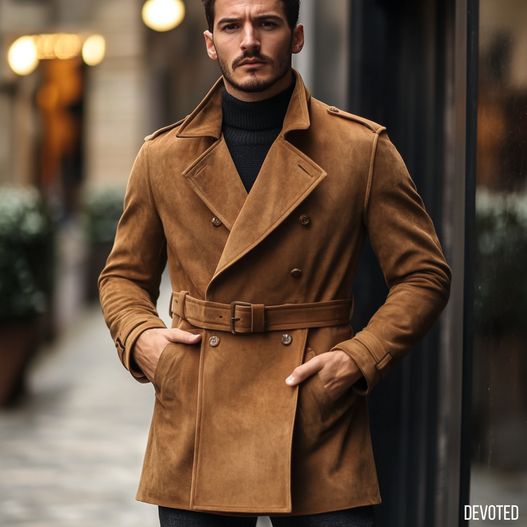 Men's Leather Jacket Pure leather Suede in Tan Brown Trench