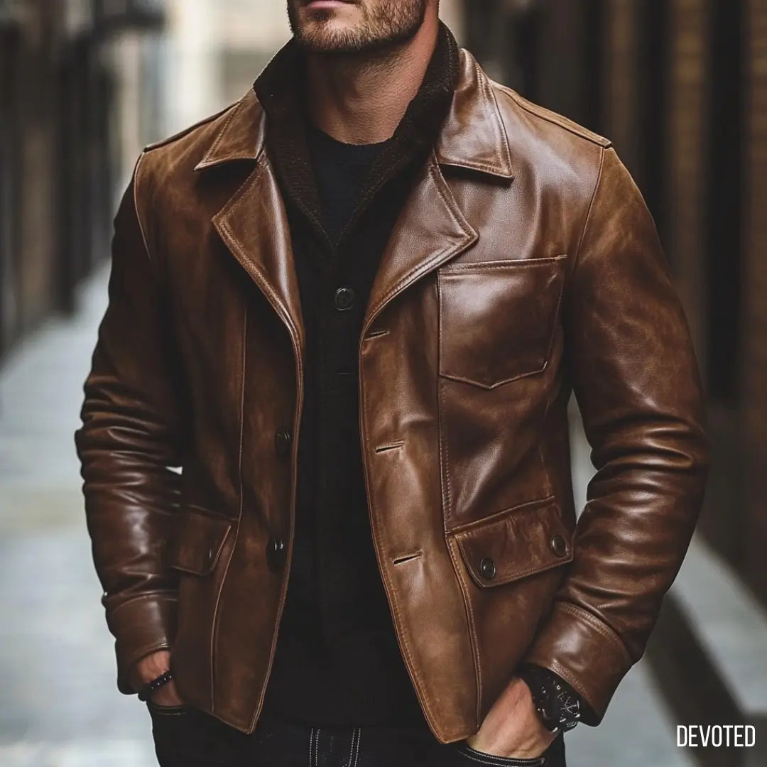 Men's Leather Jacket - Pure Leather in Brown and Black - Overcoat by Devoted M / Brown / Leather Men's Leather Jacket - Pure Leather in Brown and Black - Overcoat by Devoted M / Brown / Leather
