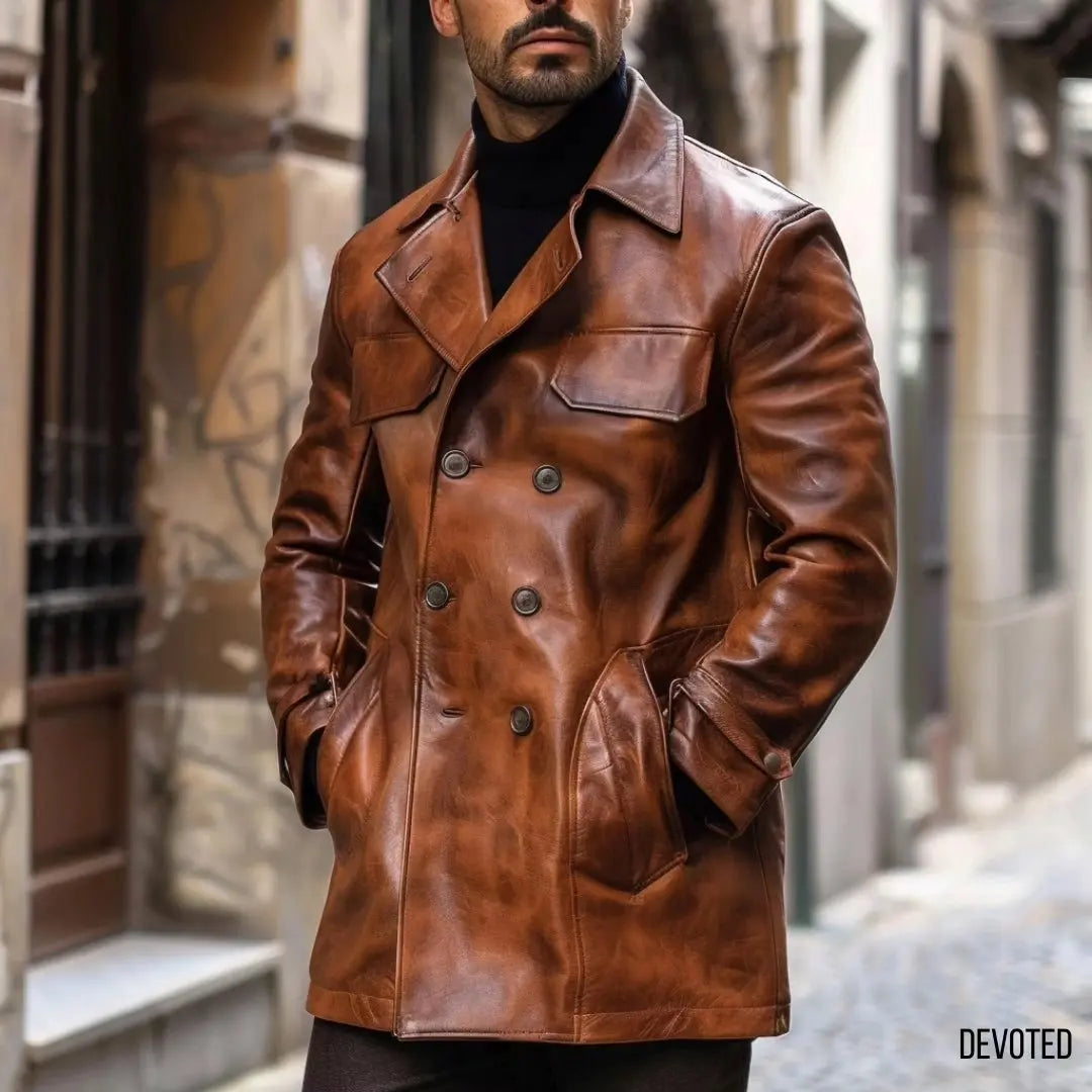 leather dress coat mens Koza Leathers Men's Genuine Lambskin Trench Coat Real Leather Jacket TM040