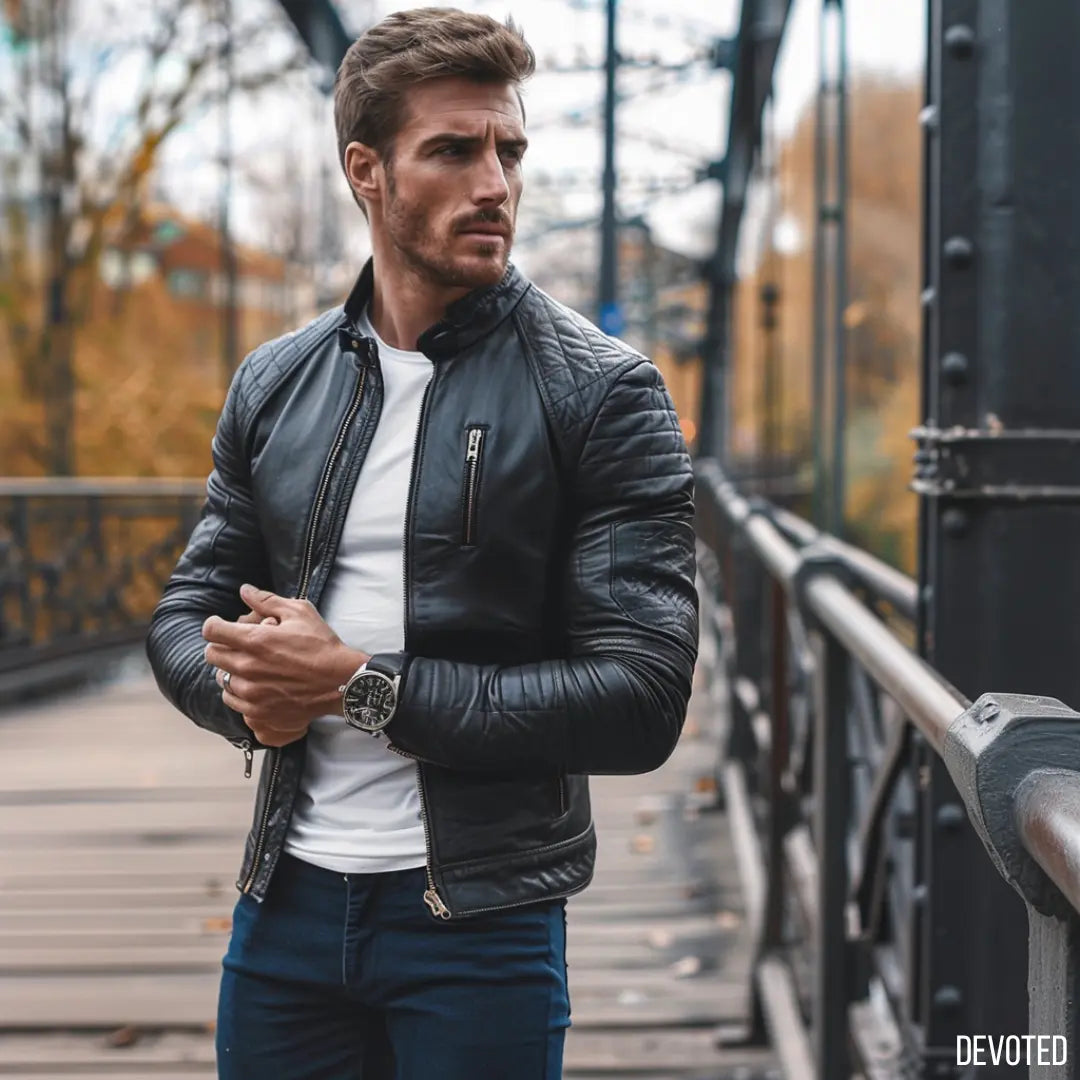 Men's Leather Jacket Pure Leather in Black Bomber by Devoted