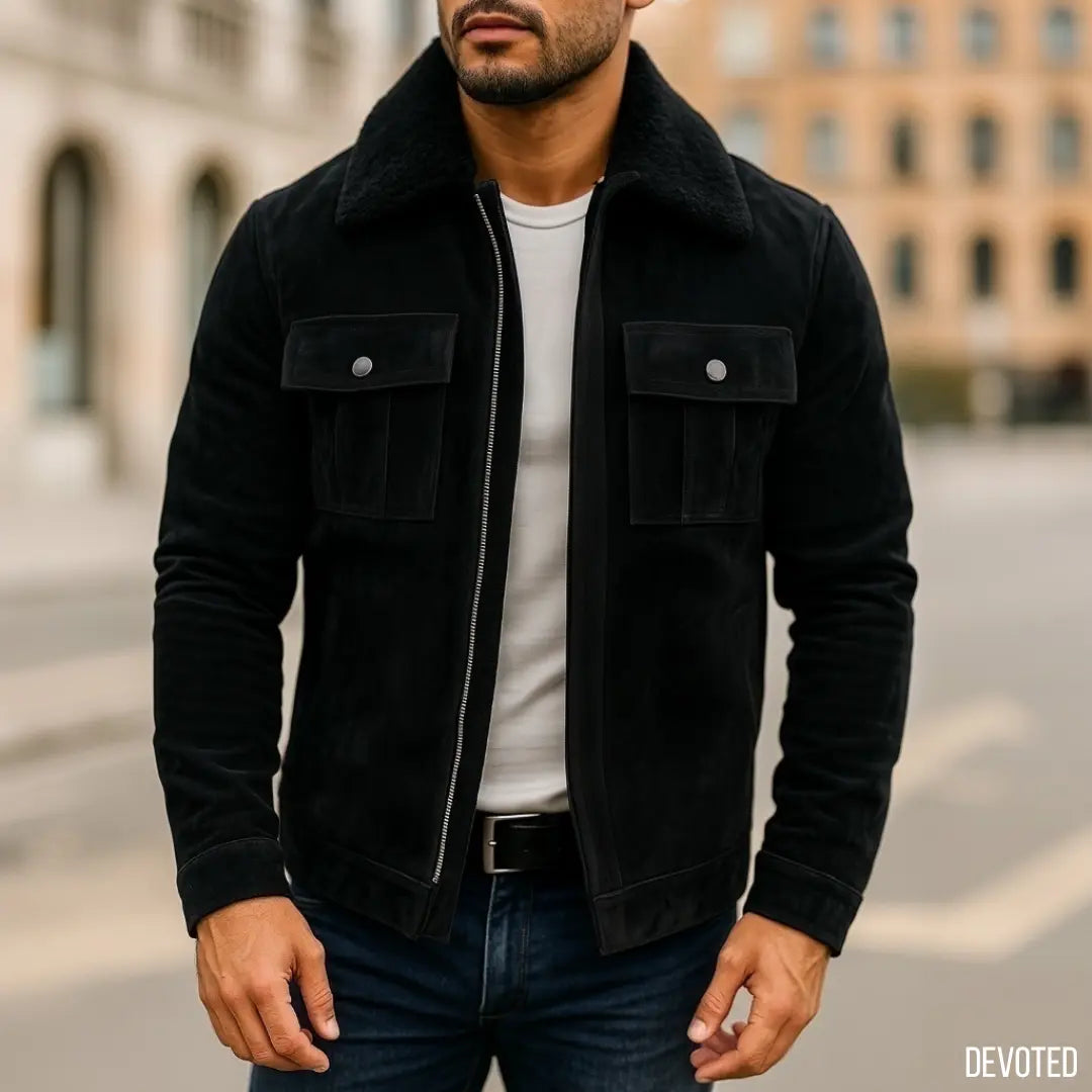 Men's Leather Jacket - Pure Leather Suede in Tan brown & Black