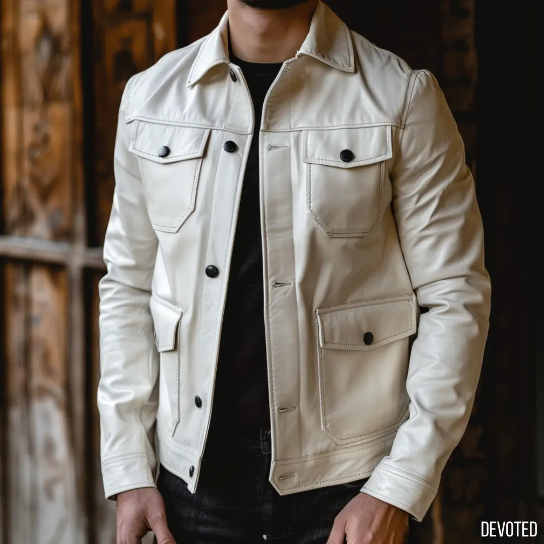 Men's Leather Jacket - Pure Leather in White - Trucker by Devoted