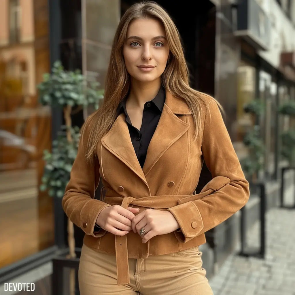 Women's Leather Jacket Pure Leather Suede in tan Overcoat by