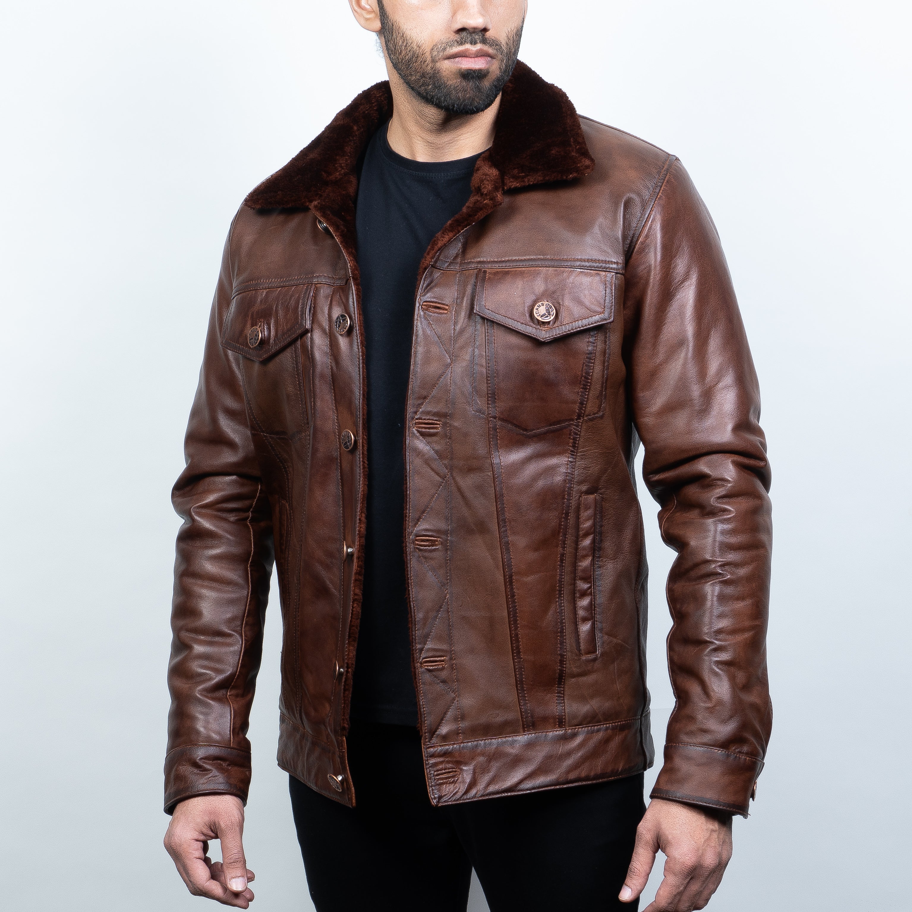 WW2 Fur Collar black Bomber Leather jacket - Maher Leathers