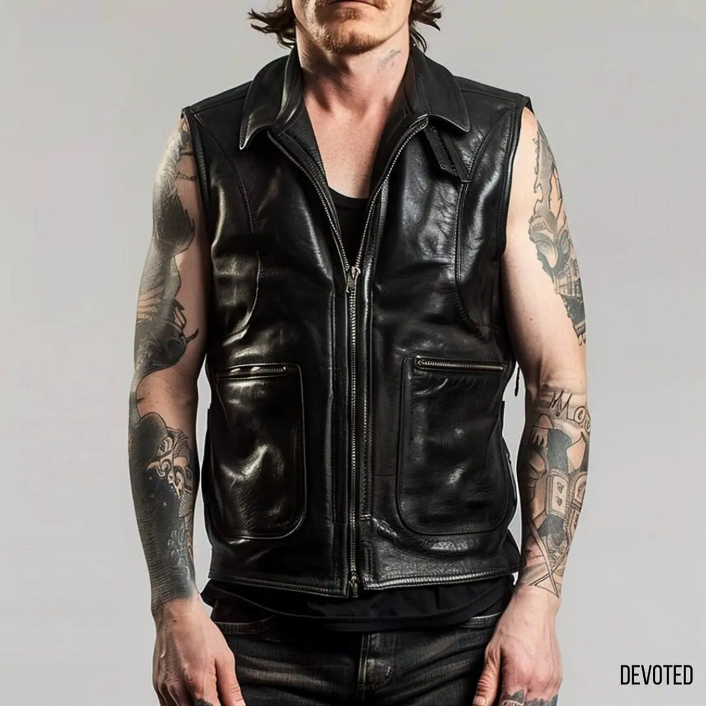 Men's Leather Jacket - Pure Leather Sleeveless in black - Vest by