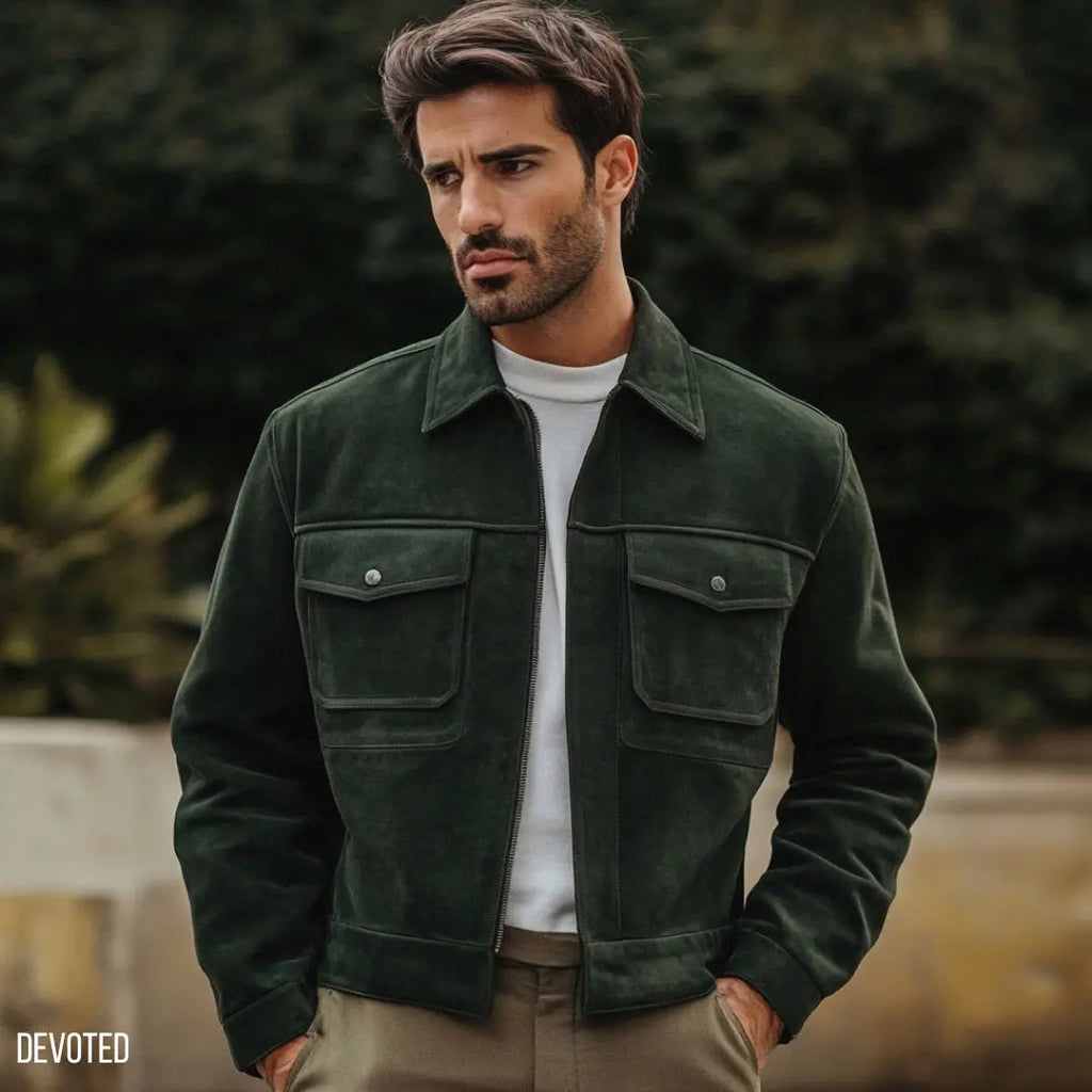 Men's Leather Jacket - Pure Leather Suede in Green - Bomber by Devoted