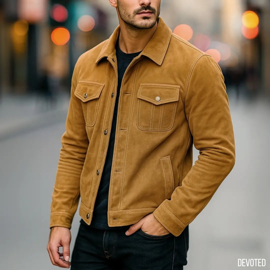 Men's Leather Jacket - Pure Leather Suede in Brown & Tan - Trucker by ...
