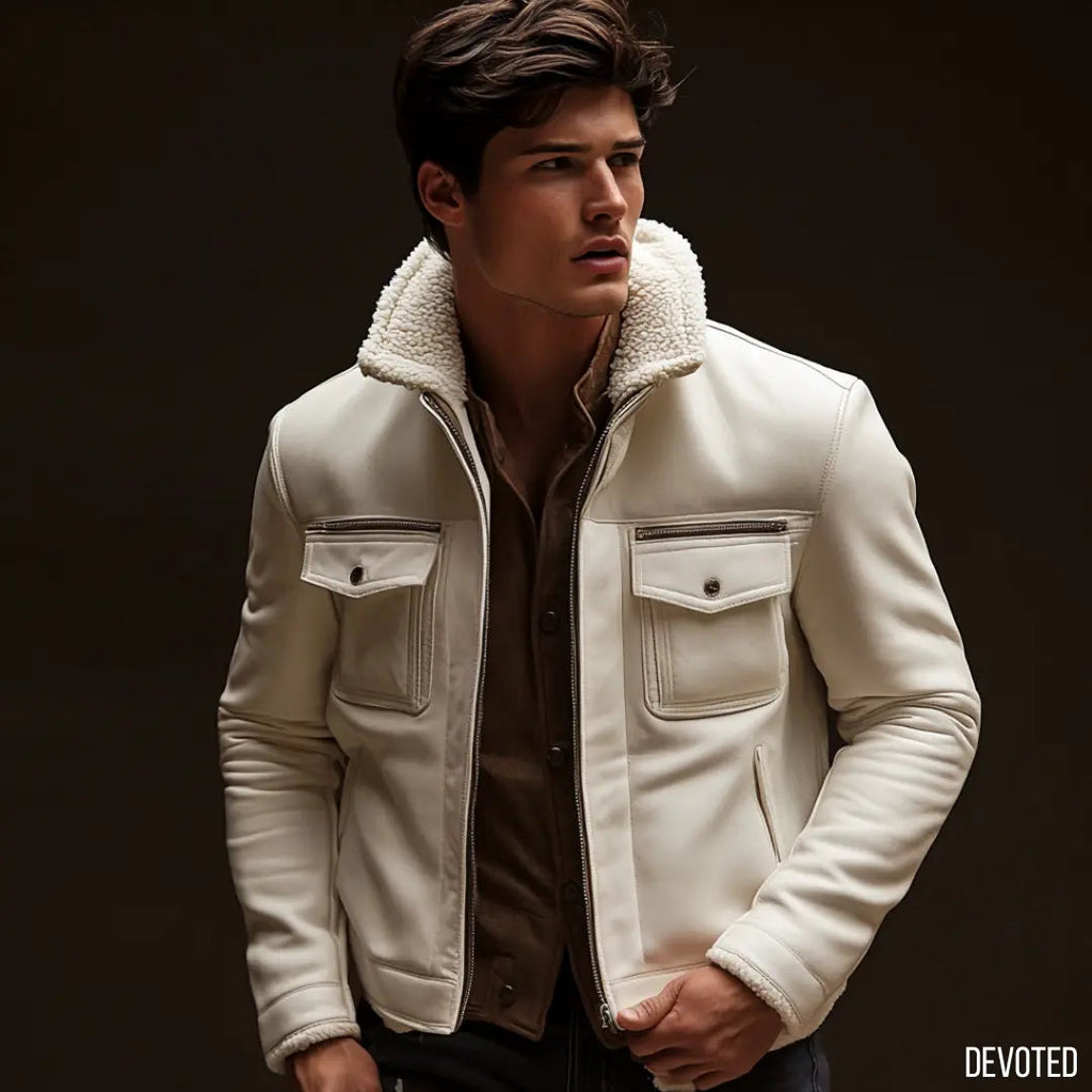 Men's Leather Jacket - Pure Leather in white with fur - Bomber by