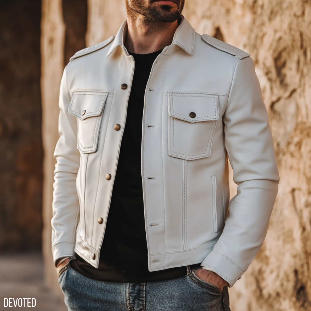 Men's Leather Jacket - Pure leather in White, Black & Brown - Trucker ...