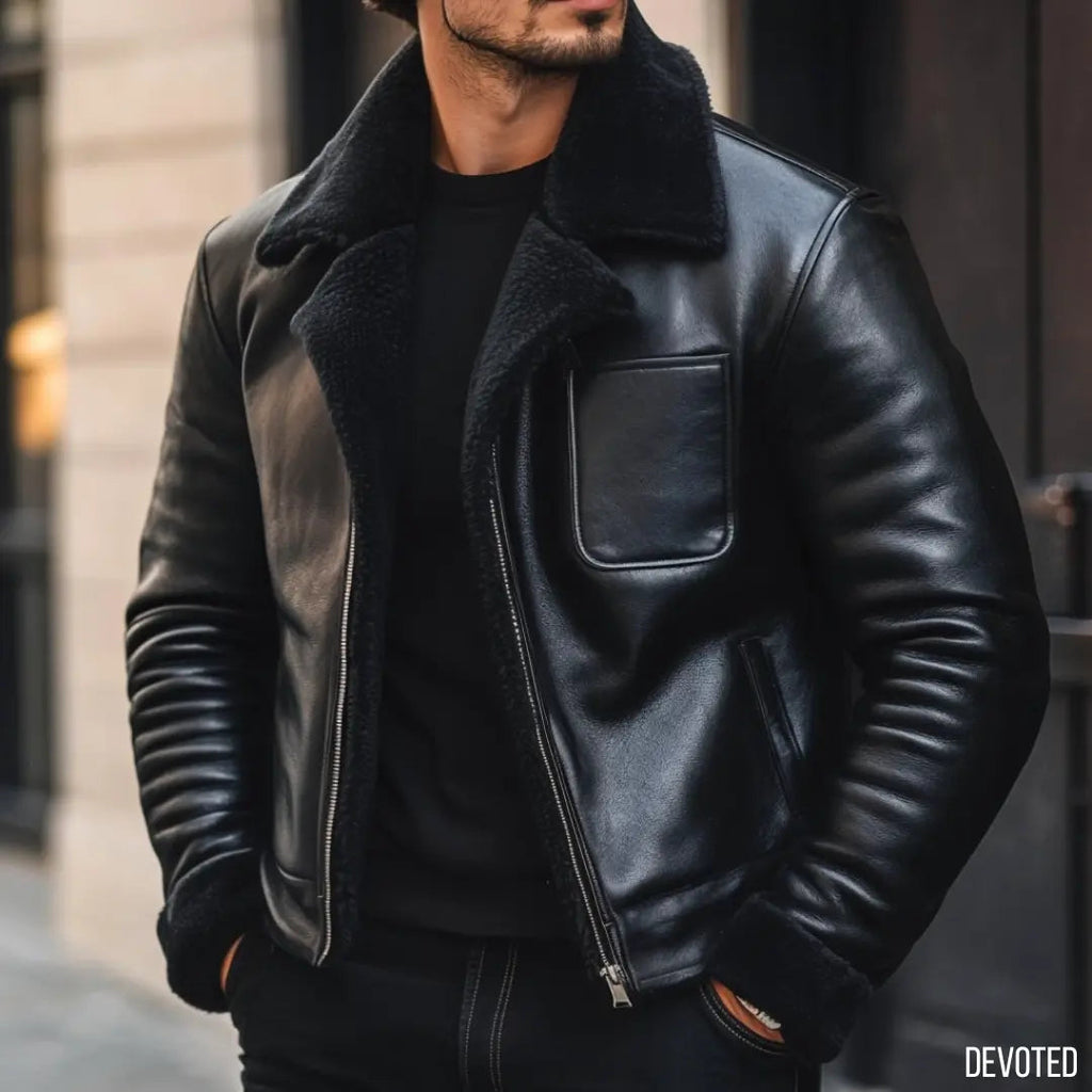 Men's Leather Jacket - Pure Leather in black with fur - Overcoat