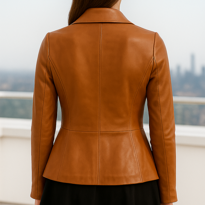 Person wearing a brown leather jacket with a blurred cityscape in the background