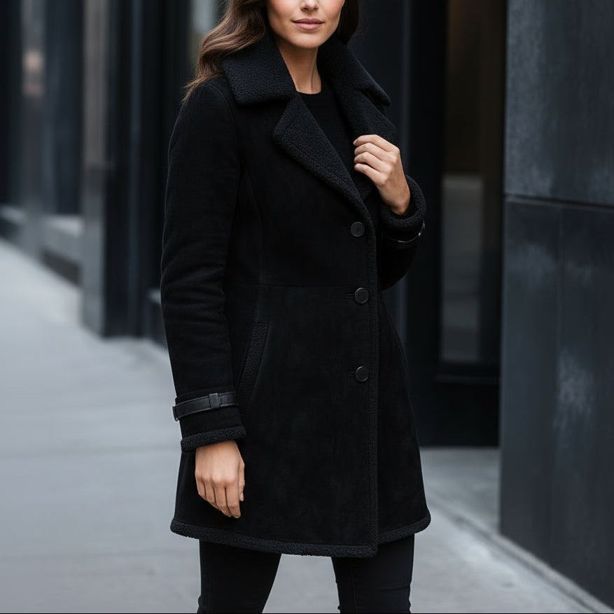 Woman wearing a black coat standing on a city street.