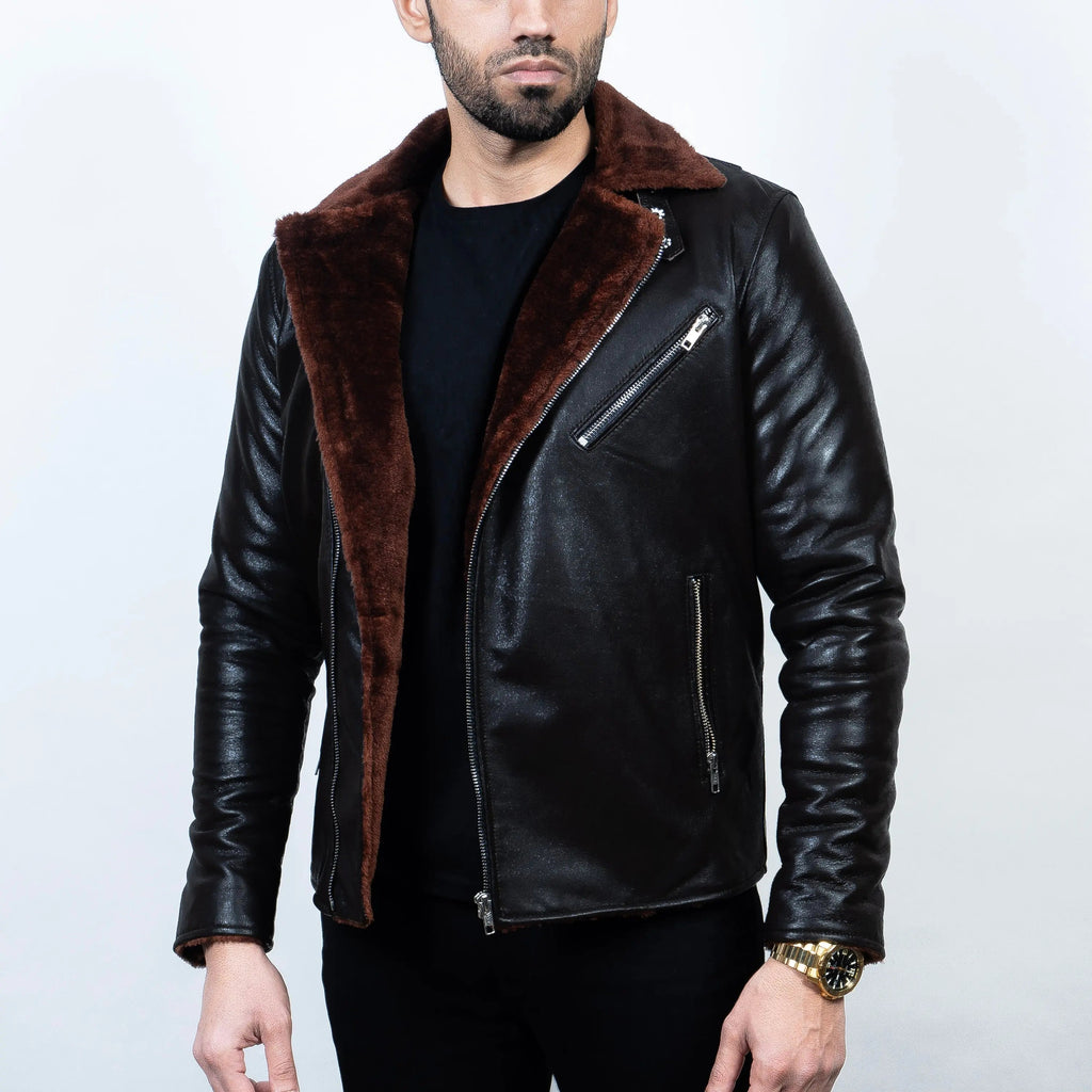 Men's Leather Jacket - Pure Leather in Black & Brown with Fur