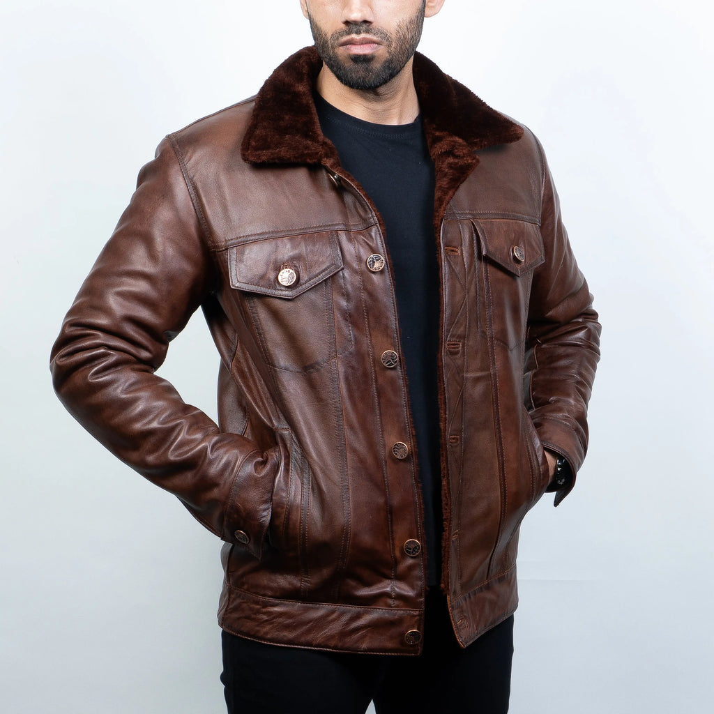 Men's Leather Jacket - Pure Leather in Black & Brown with fur