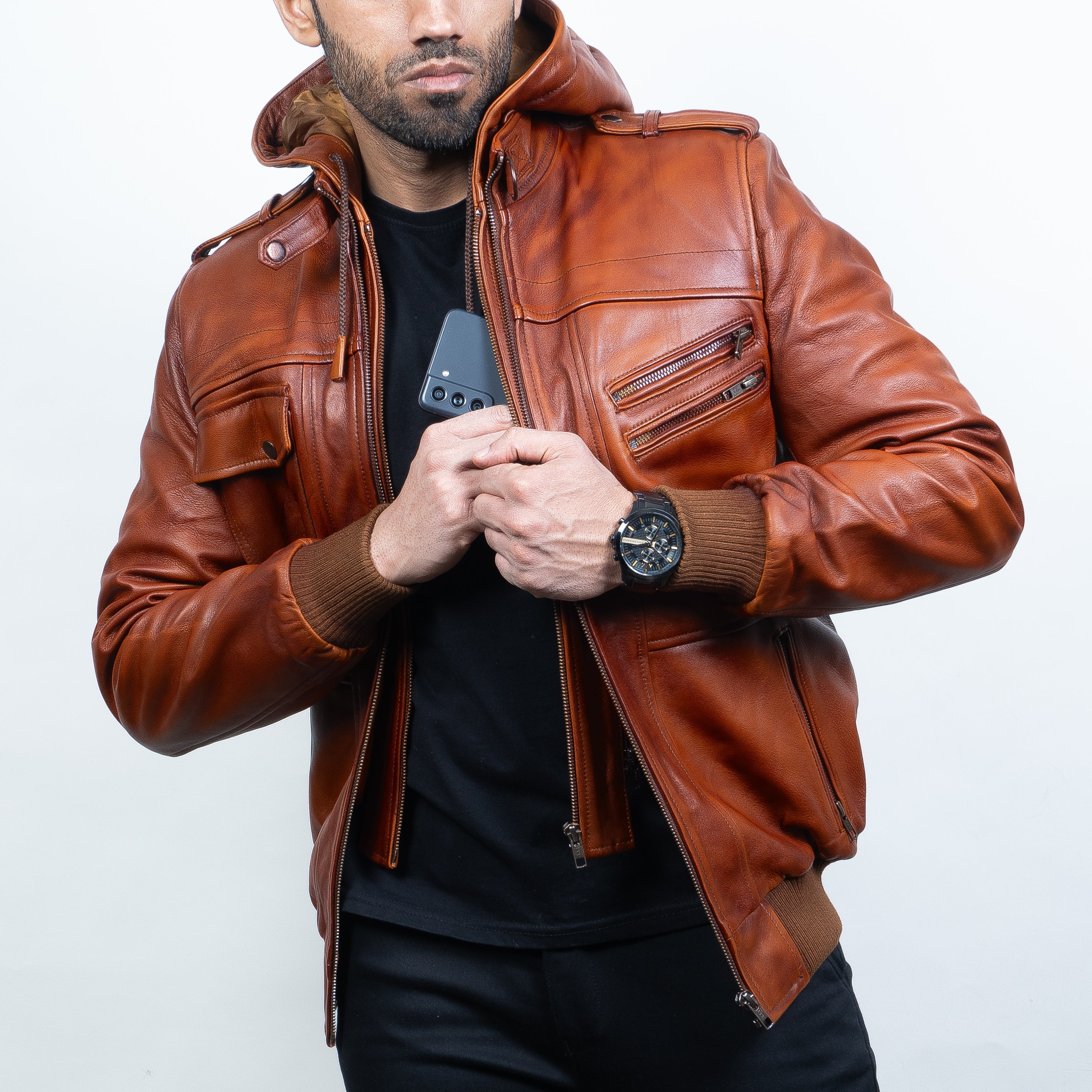 Mens leather v bomber jacket best sale