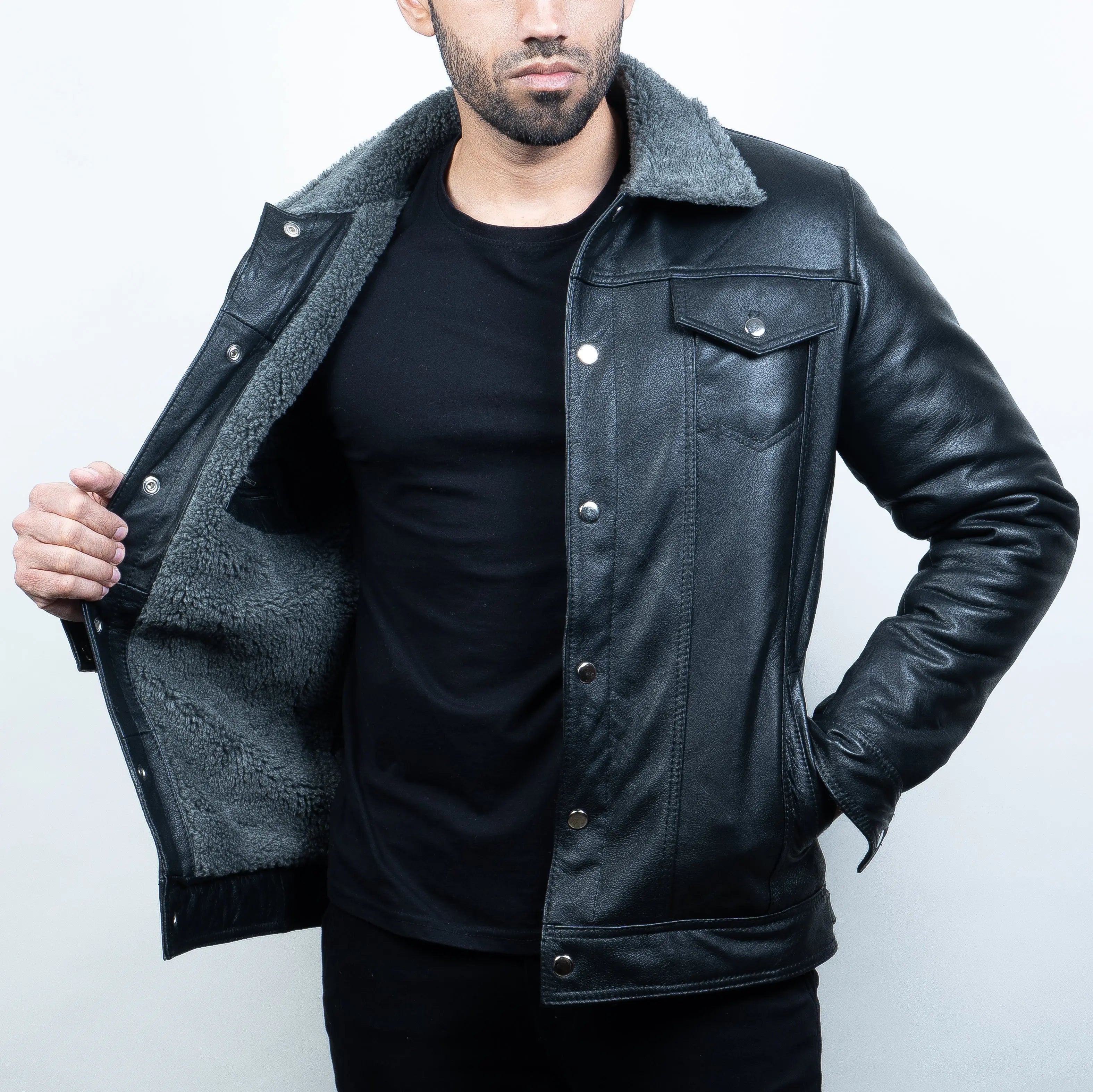 ジャケット・アウター 7HILL Oil Wax Black PU Leather Jacket Men's Leather Jacket - Pure Leather in Black & Brown with fur
