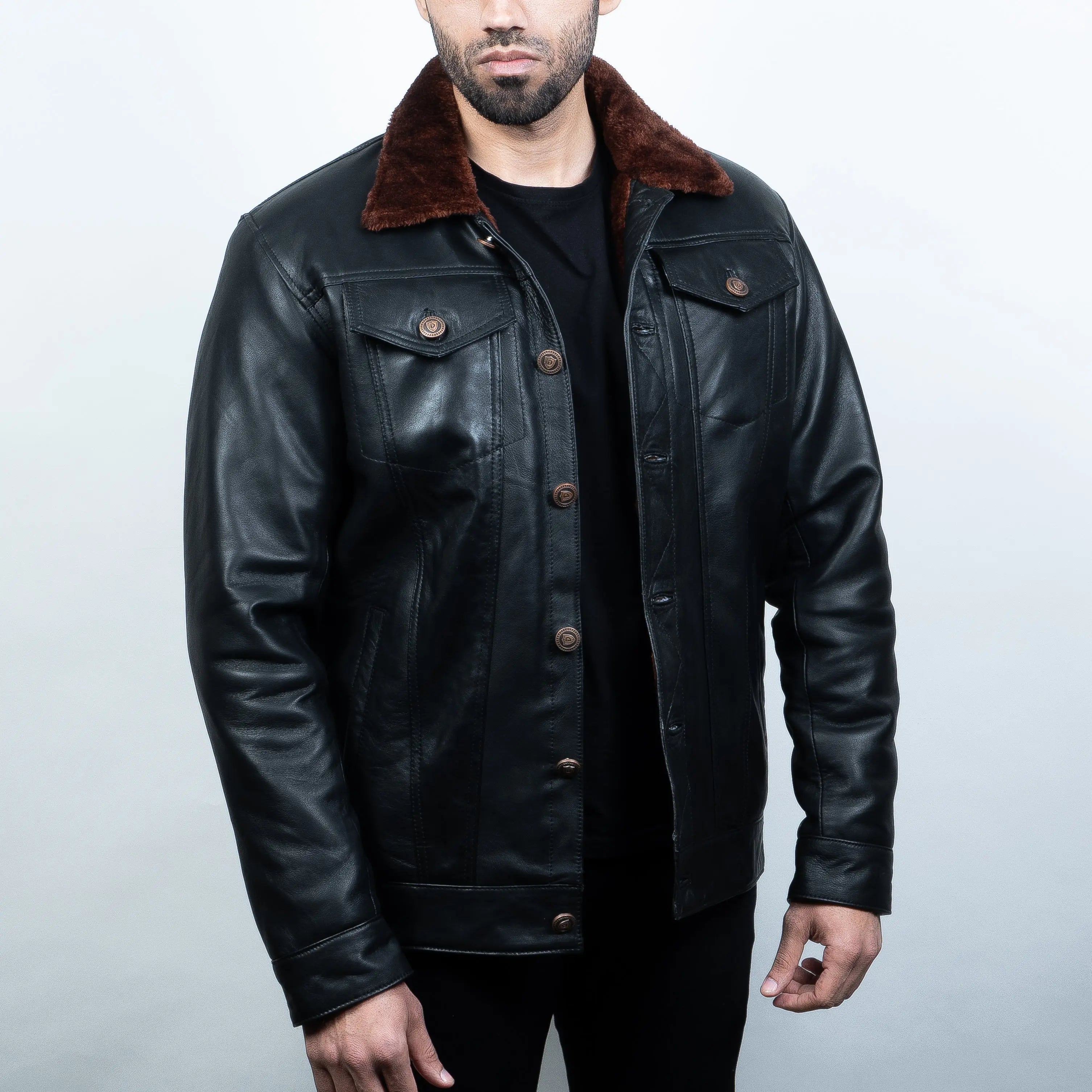 Men's Leather Jacket - Pure Leather in Black & Brown with fur