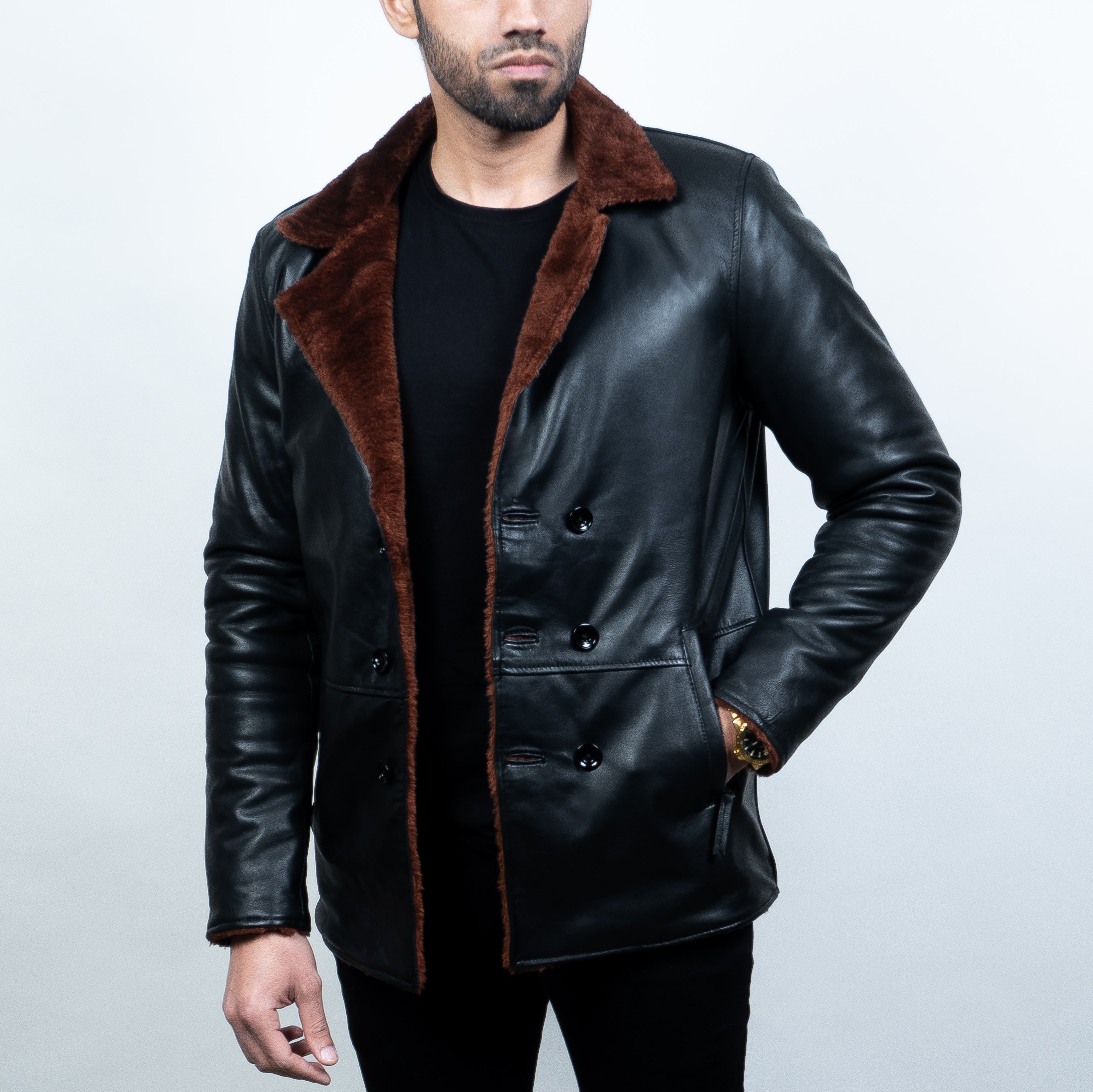 Men s Leather Jacket Black brown Fur Bolton Long Coat by Devoted Trench Coat