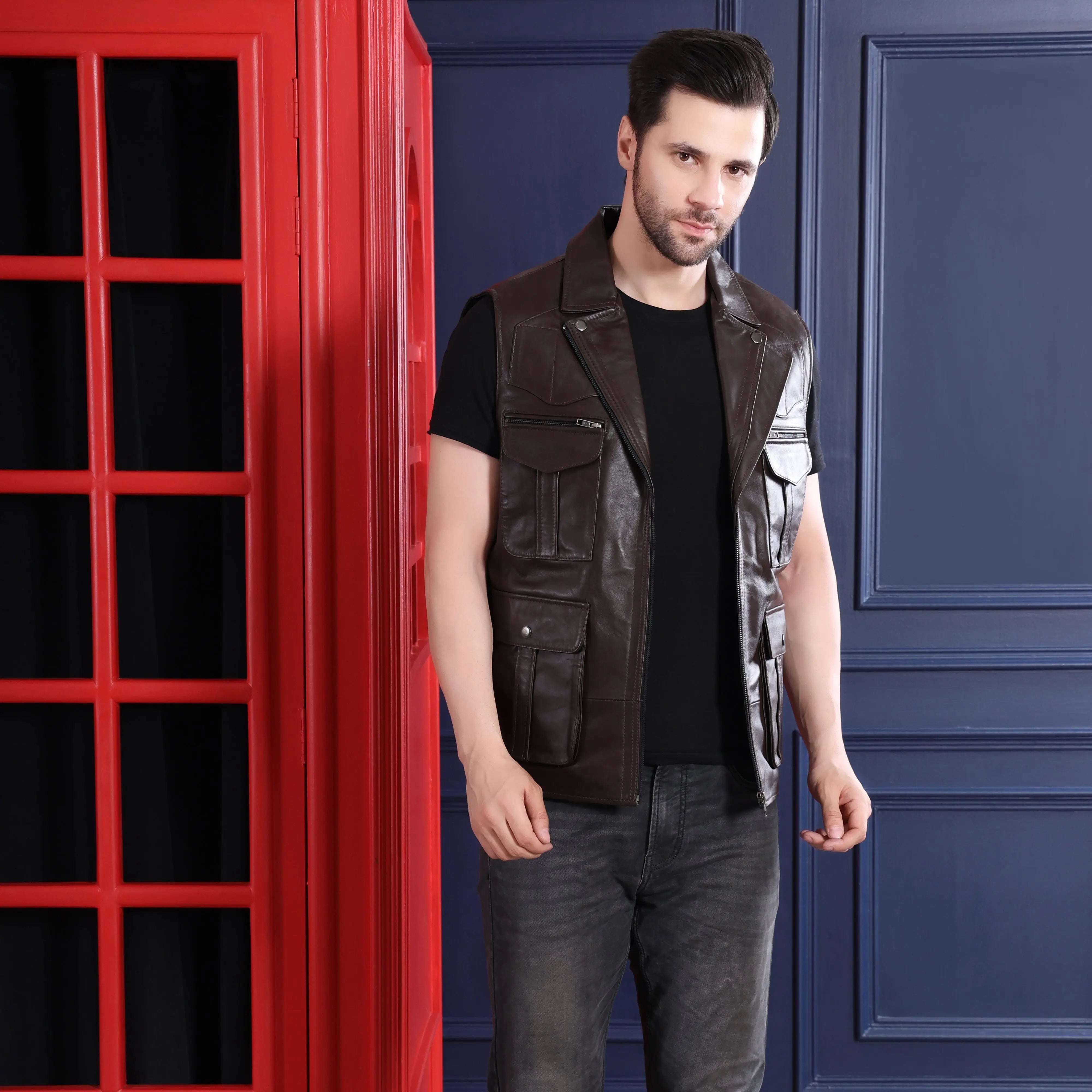 Men's Leather Jacket - Pure Leather Sleeveless in brown - Vest by