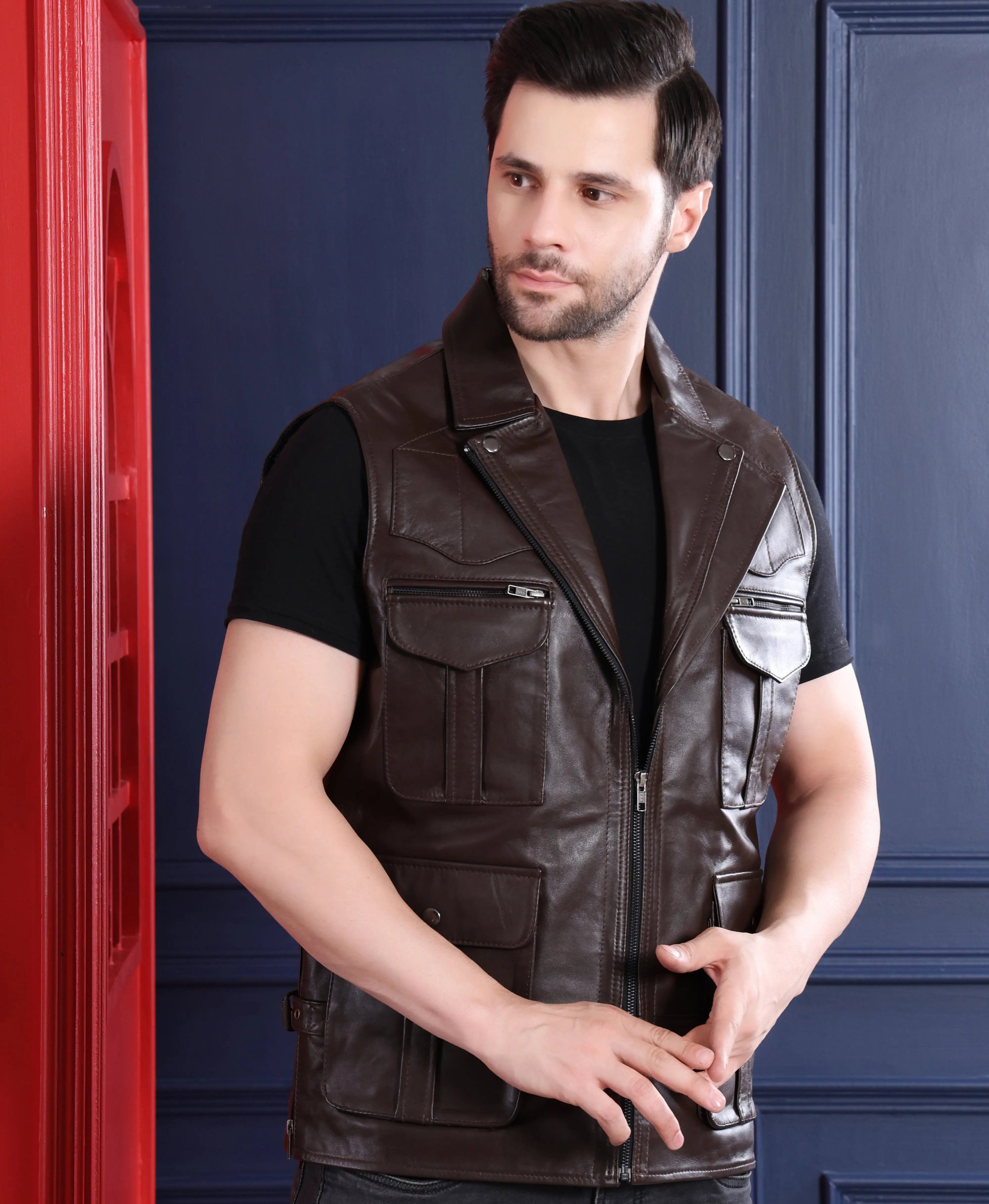 Men's Leather Jacket - Pure Leather Sleeveless in brown - Vest by