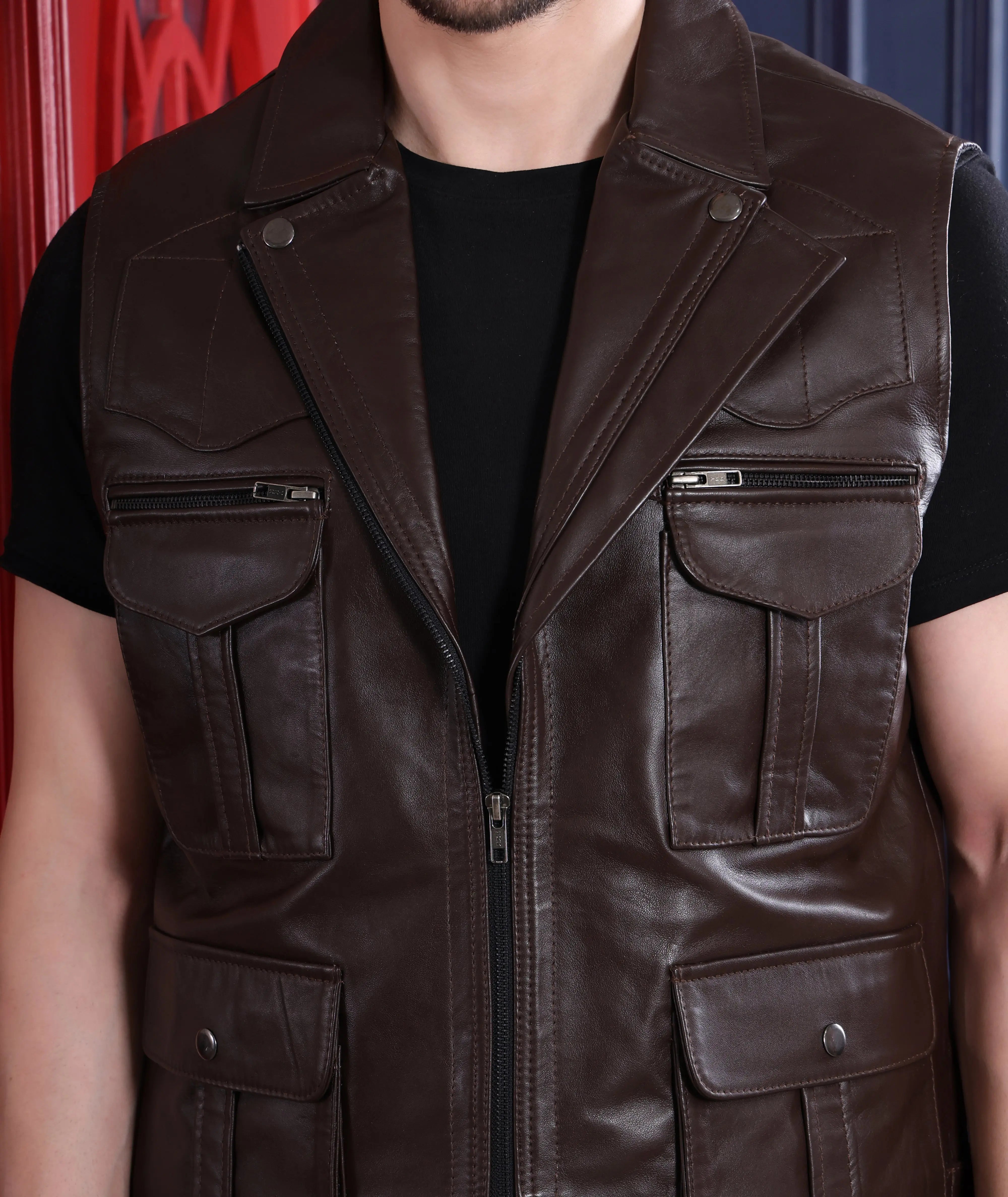 Men's Leather Jacket - Pure Leather Sleeveless in brown - Vest by