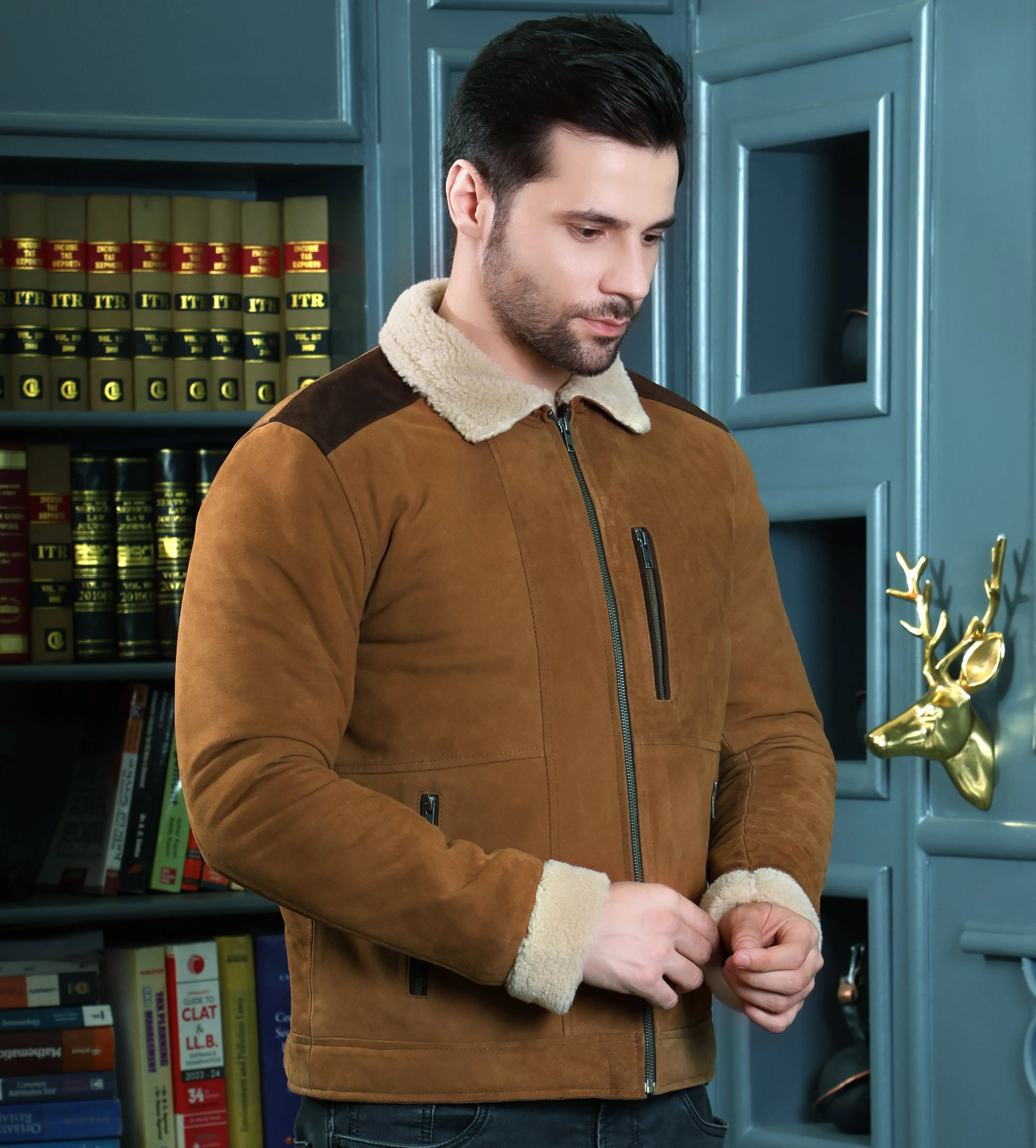 Men's Leather Jacket - Pure Leather Suede in Tan, Black & Brown