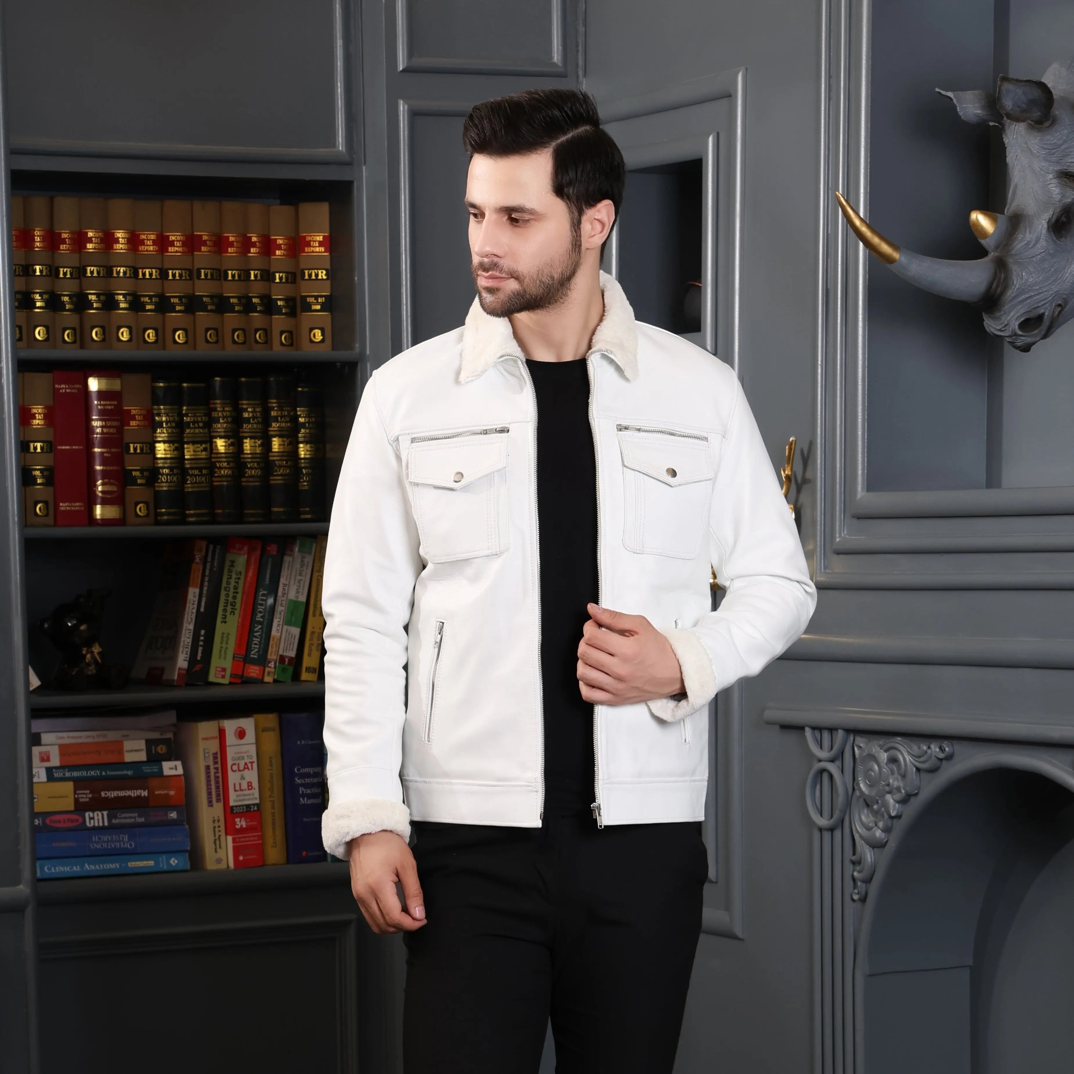 Men's Leather Jacket - Pure Leather in white with fur - Bomber by