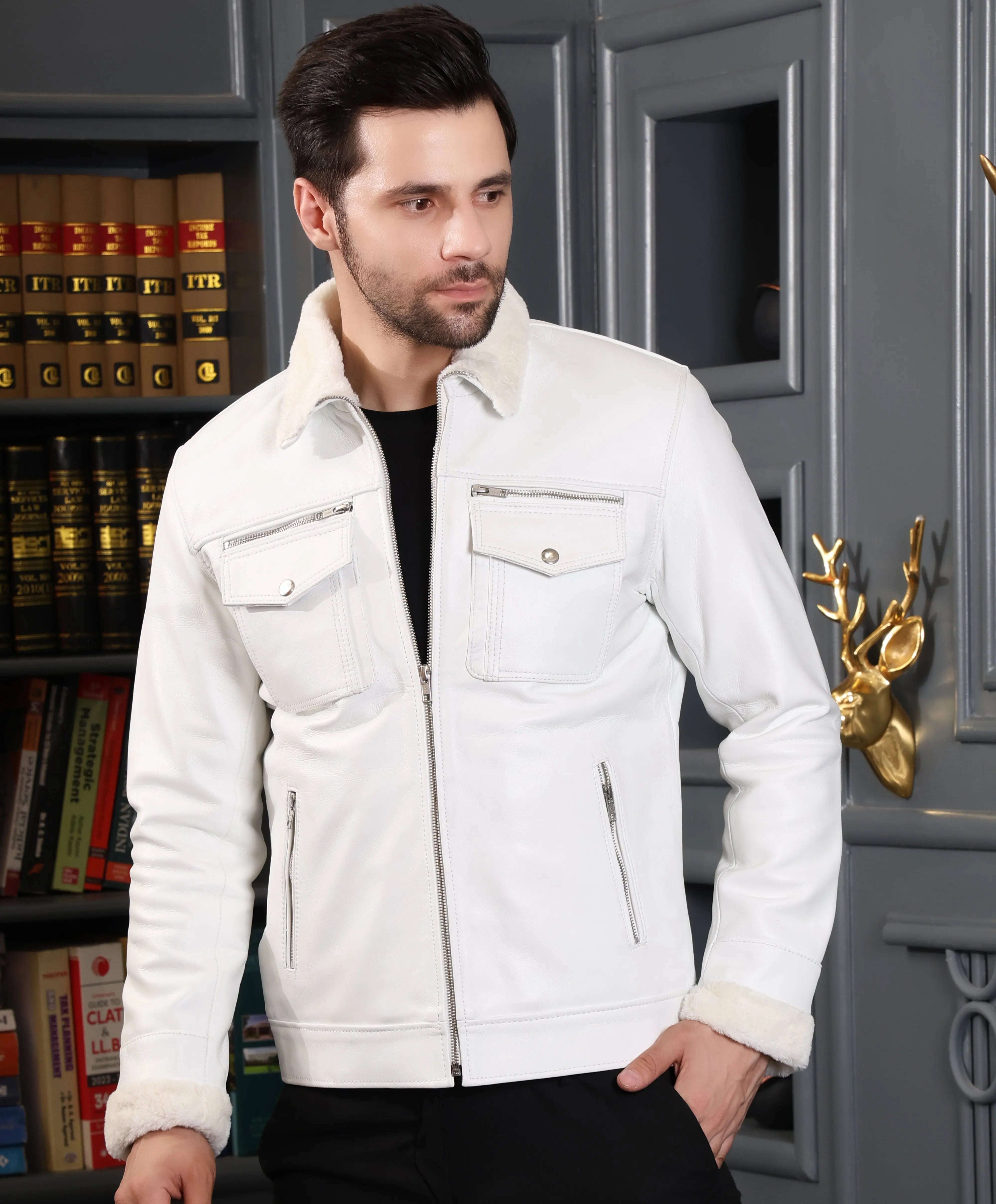 Men's Leather Jacket - Pure Leather in white with fur - Bomber by