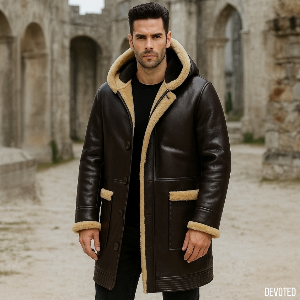 Men's Leather Jacket - Pure Leather in Brown with fur - Overcoat