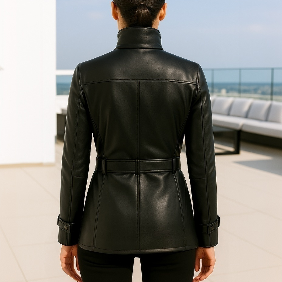 Person wearing a black leather jacket on a rooftop with ocean view
