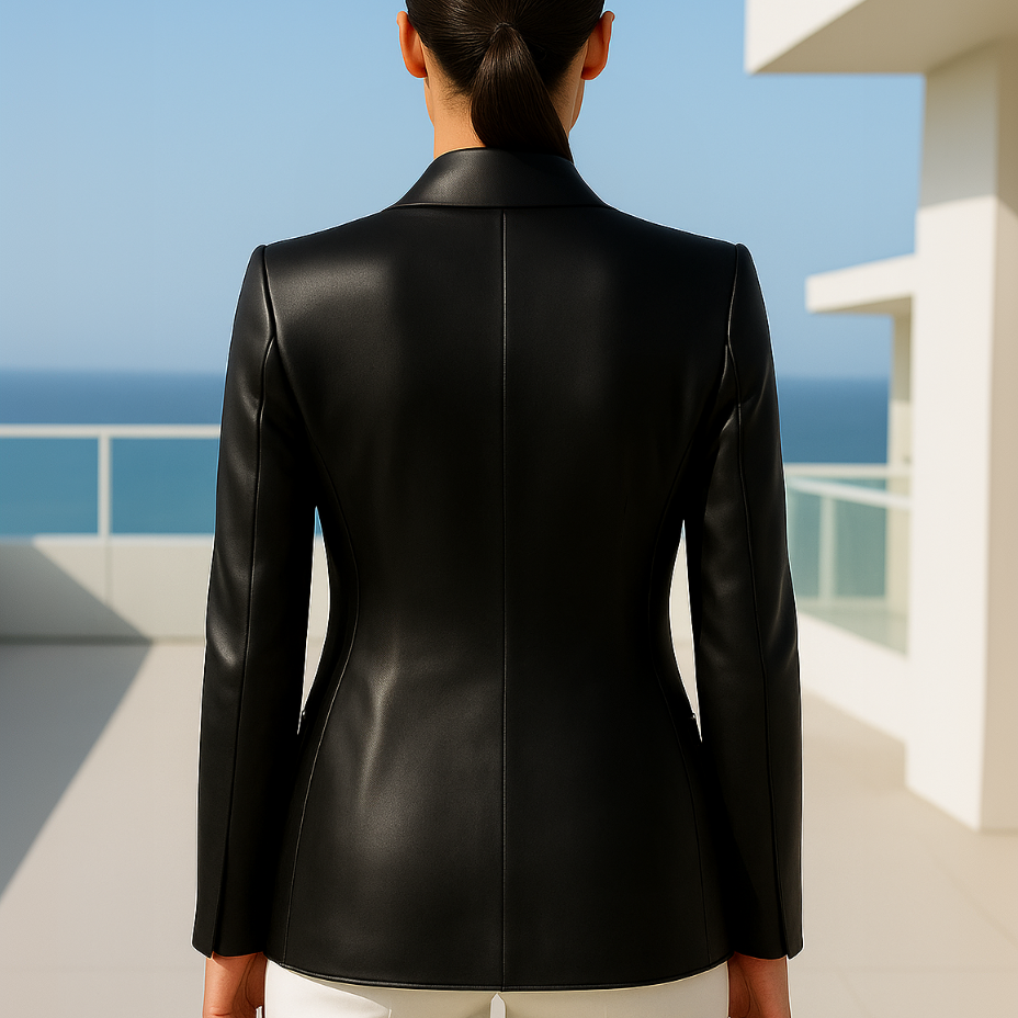 Person wearing a black leather jacket on a balcony with ocean view