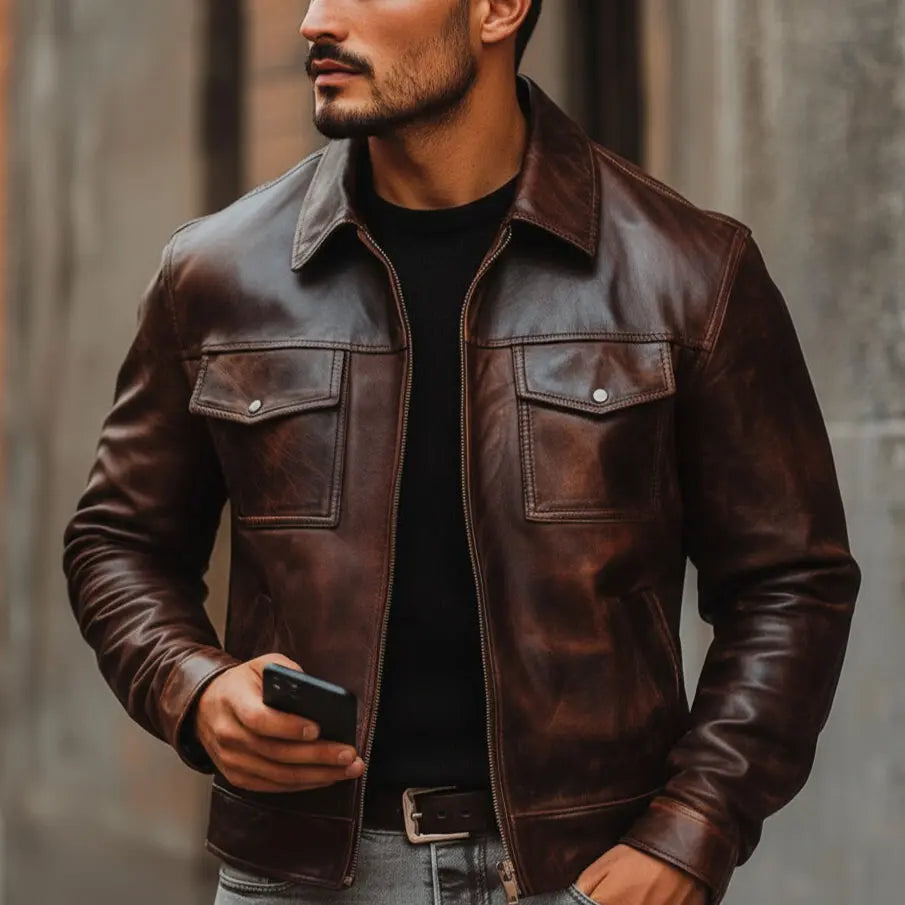 Men's Leather Jacket - Pure Leather in Brown - Bomber by Devoted 5XL / Brown / Leather Men's Leather Jacket - Pure Leather in Brown - Bomber by Devoted 5XL / Brown / Leather