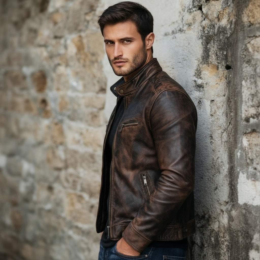 Men's Leather Jacket - Pure Leather in tan & brown - Overcoat by