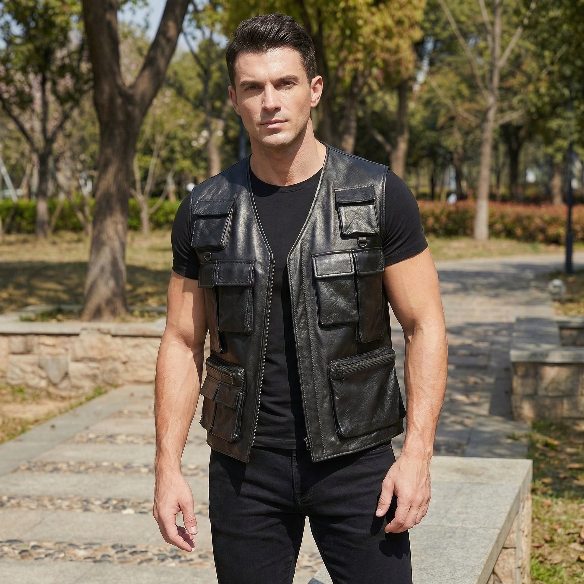 Men's Leather Jacket - Pure leather in Black - Sleeveless Vest By