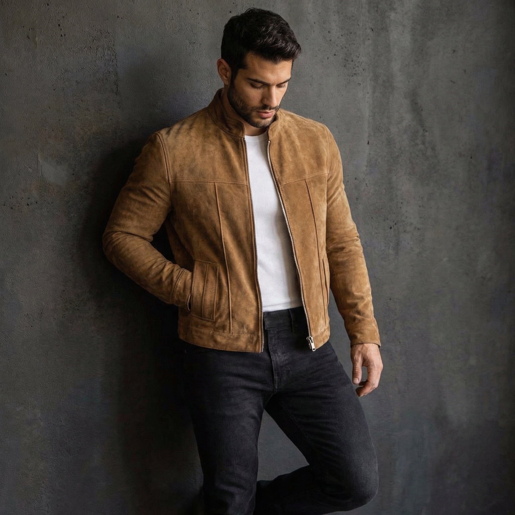 Men's Leather Jacket - Green Suede - Bomber jacket by Devoted