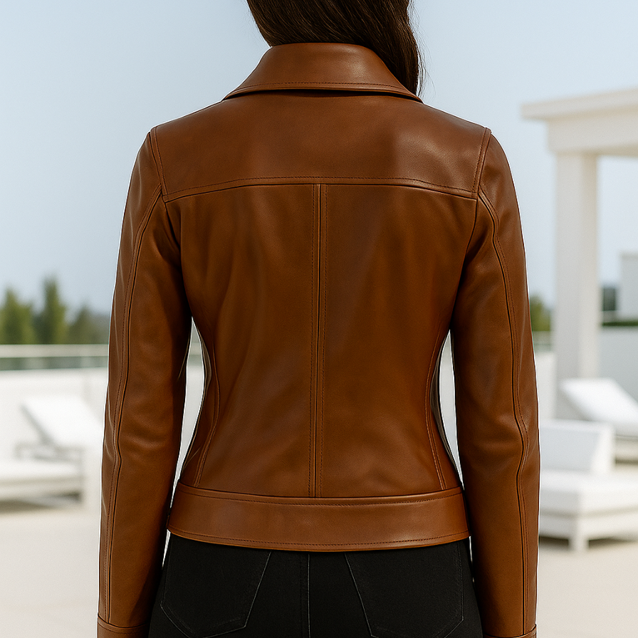 Person wearing a brown leather jacket with a clear sky background