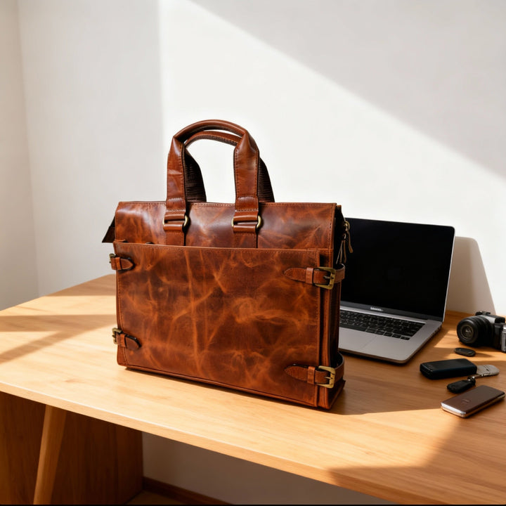 Brown leather briefcase on a wooden desk with a laptop and other items.