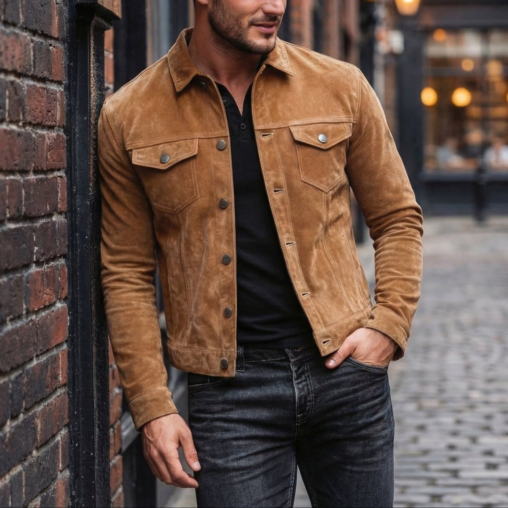Man wearing a brown suede jacket standing against a brick wall in an urban setting.