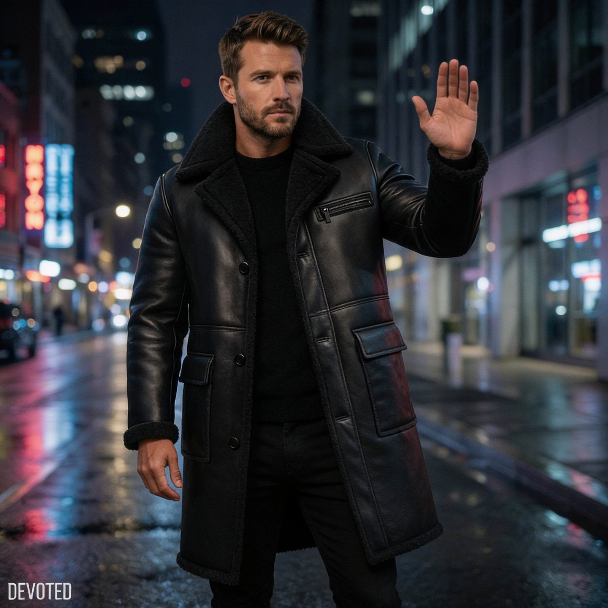 Men's Leather Jacket - Pure Leather in Black with fur - Overcoat by Devoted