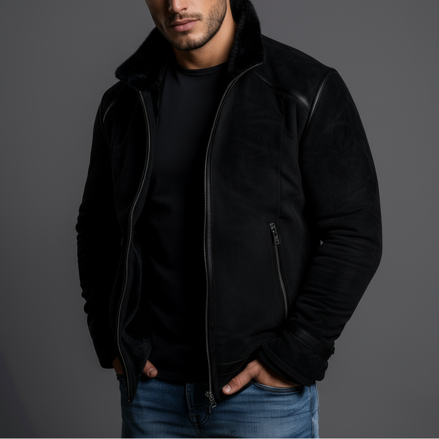 Man wearing a black jacket and jeans against a gray background