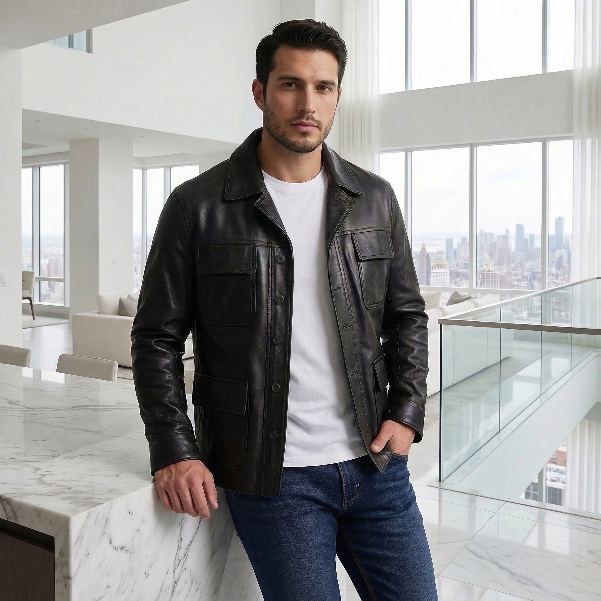 Men's Leather Jacket - Pure Leather in Brown, black & white - Trucker ...