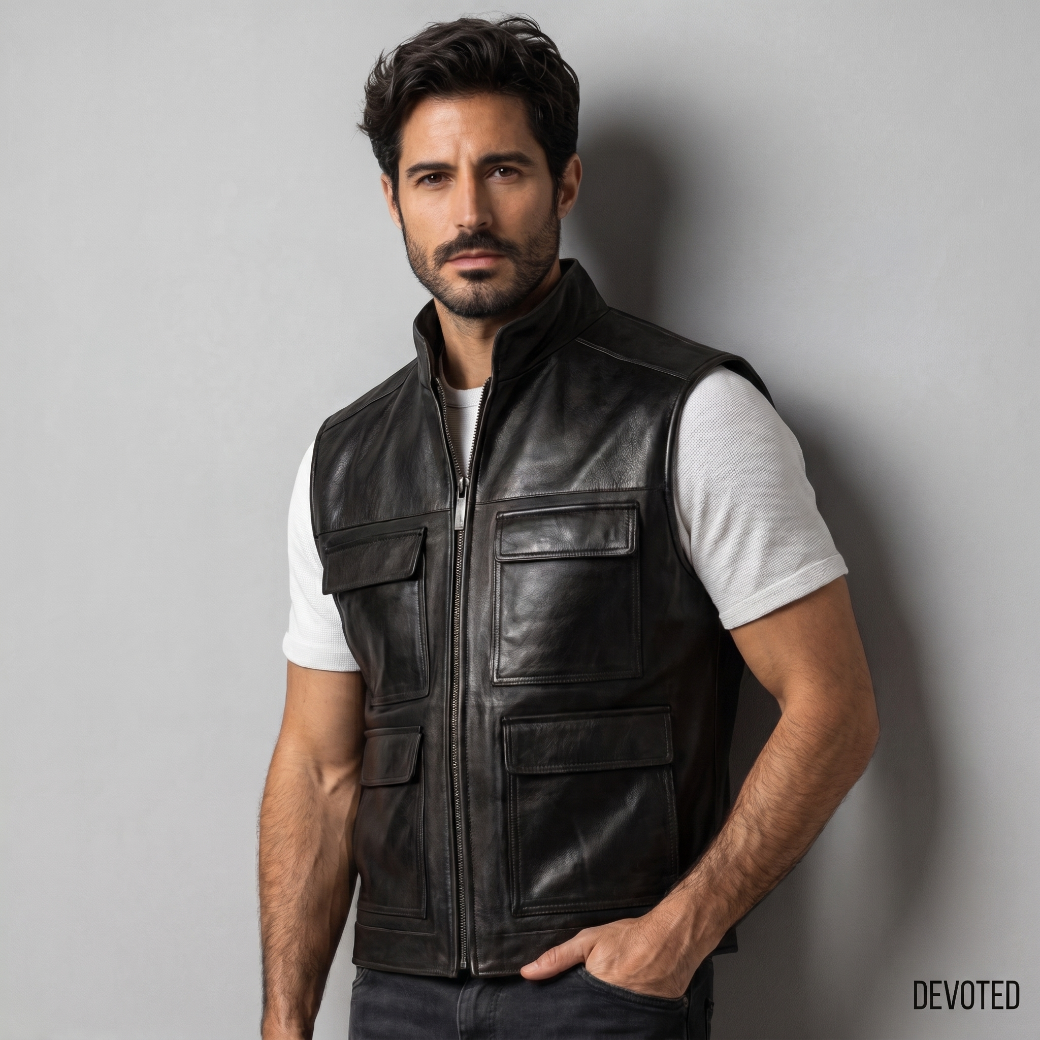 Men's Leather Jacket - Pure Leather Sleeveless in brown, black & white ...
