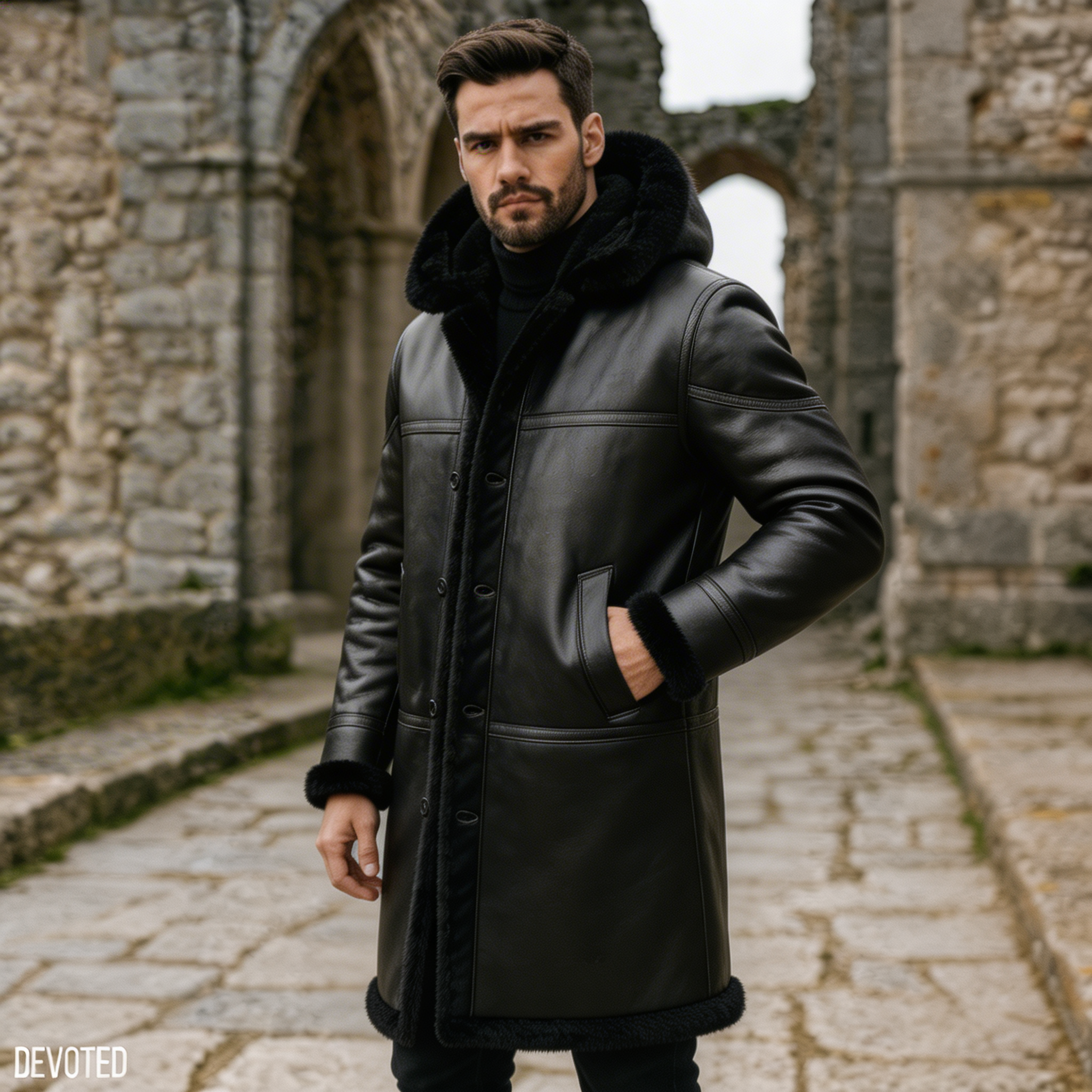 Men's Leather Jacket - Pure Leather in Brown with fur - Overcoat by Devoted