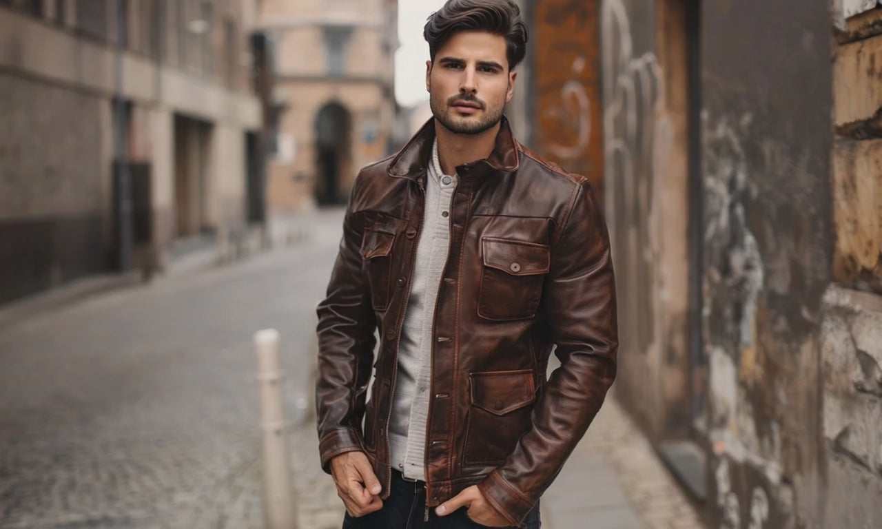 Men's Leather Jacket - Pure Leather in brown & black - Trucker by