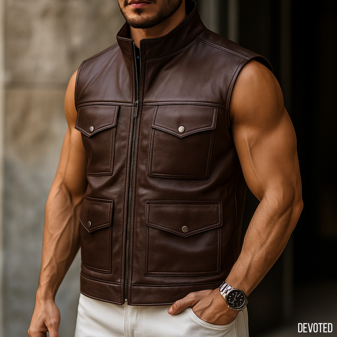 Men's Leather Jacket - Pure leather in White and Black - Sleeveless ...
