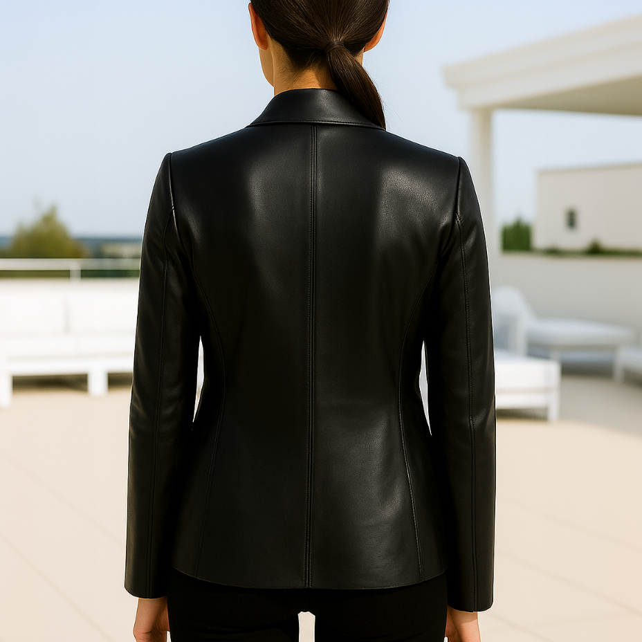 Person wearing a black leather jacket outdoors with a clear sky.