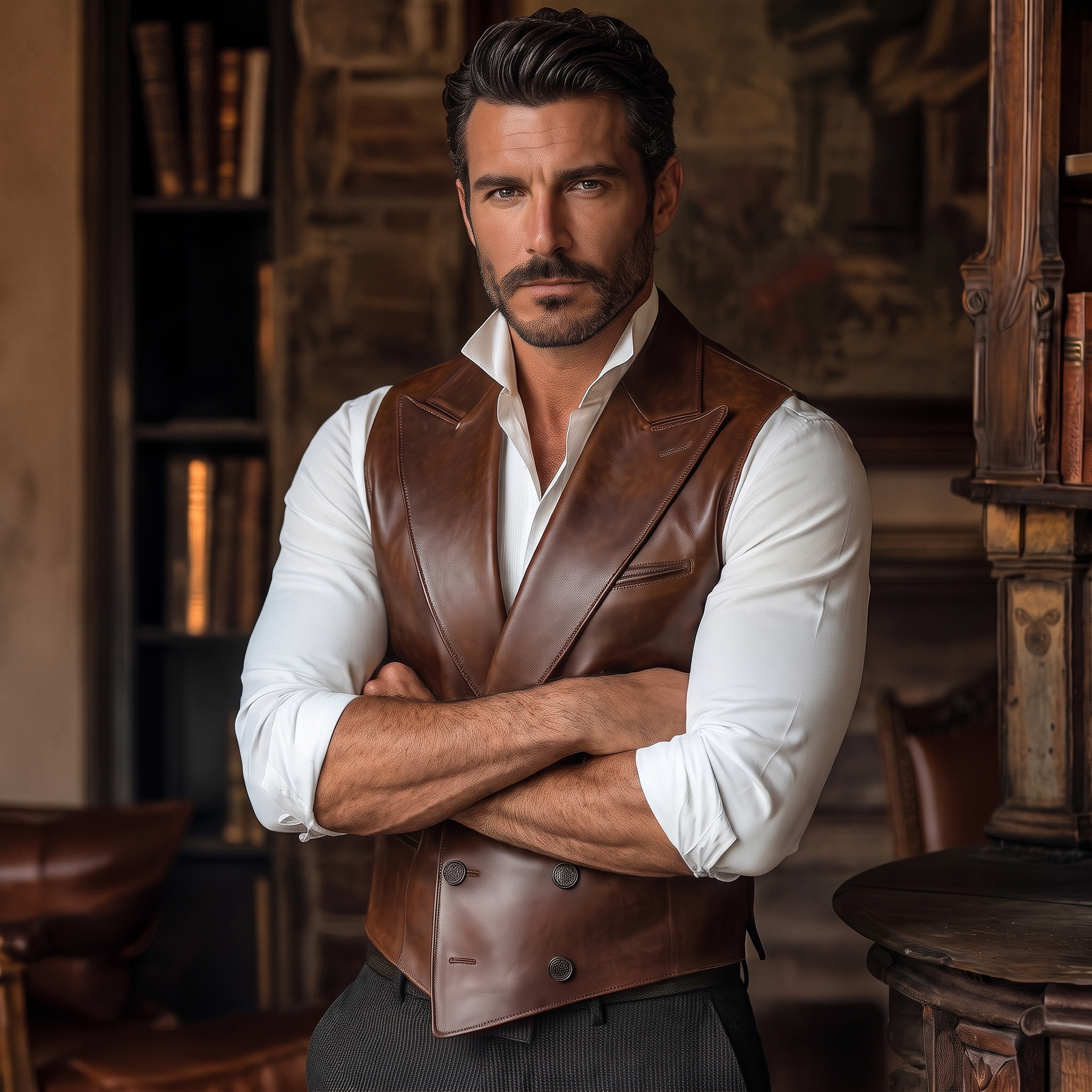 Men's Leather Jacket - Pure leather in Brown, black - Sleeveless Men's Leather Jacket - Pure leather in Brown, black - Sleeveless