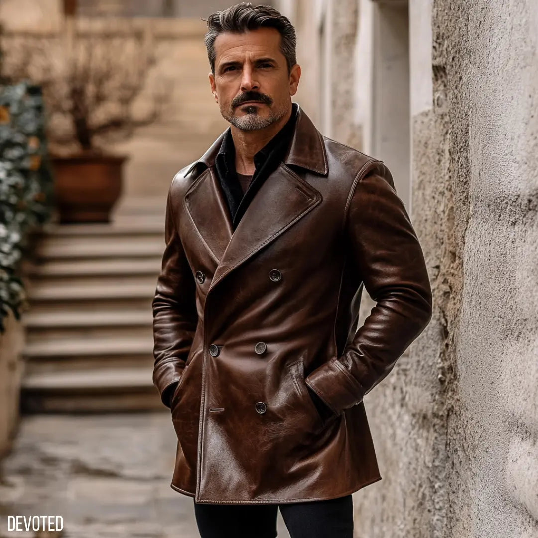 Sentinel Coat Men's Leather Jacket - Pure Leather in Brown - Overcoat by Devoted